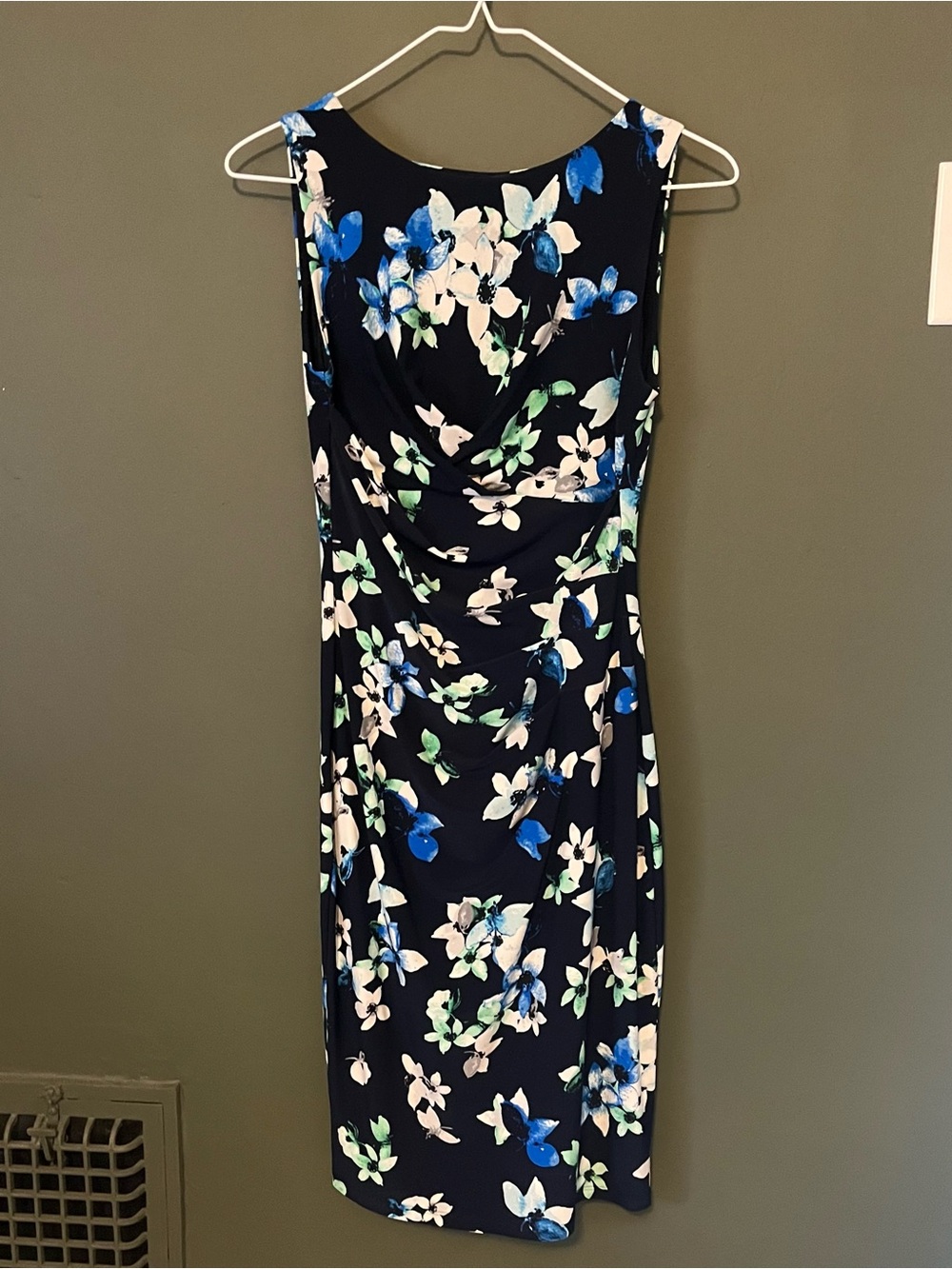 Ralph Lauren Navy Floral Ruched Fitted Midi Dress Blue White Green Flowers 0